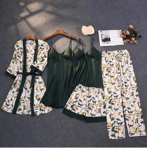 Luxe Silk Blossom 5‑Piece Pajama Set