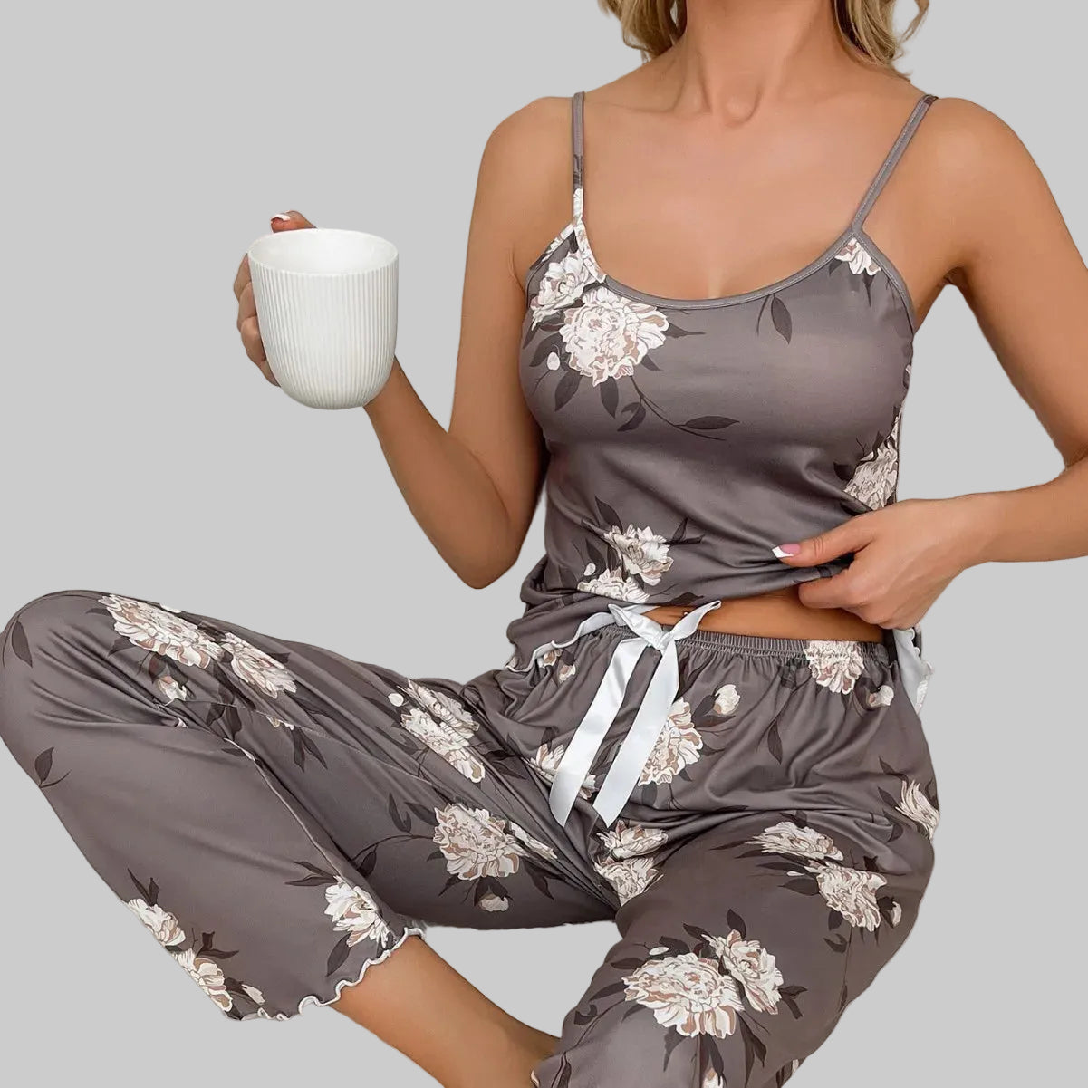 MochaBloom Satin Floral Pajama Set