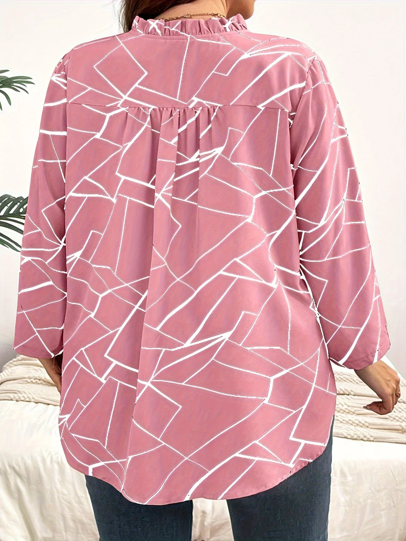 Geometric Print Roll‑Tab Blouse