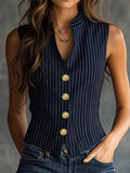 Pinstripe Gold‑Button Vest