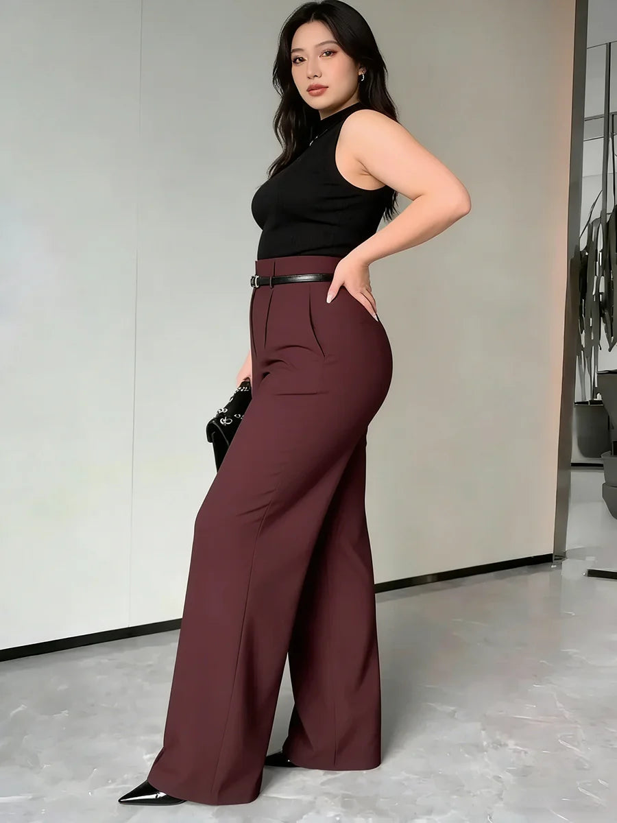 Burgundy Power‑Pleat Wide Leg Pants