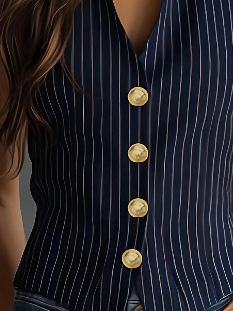 Pinstripe Gold‑Button Vest