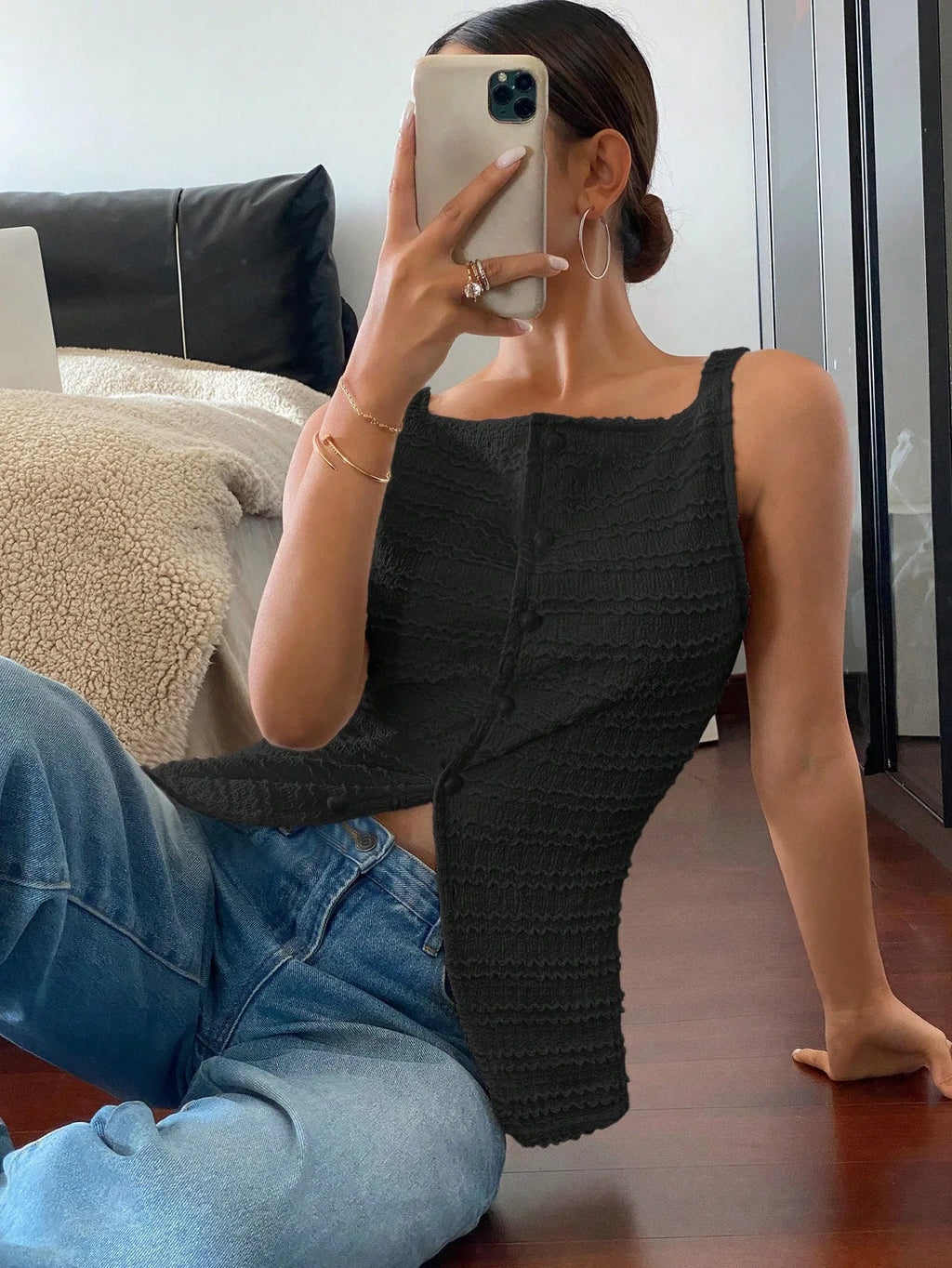 Sculpted Noir Textured Button Top