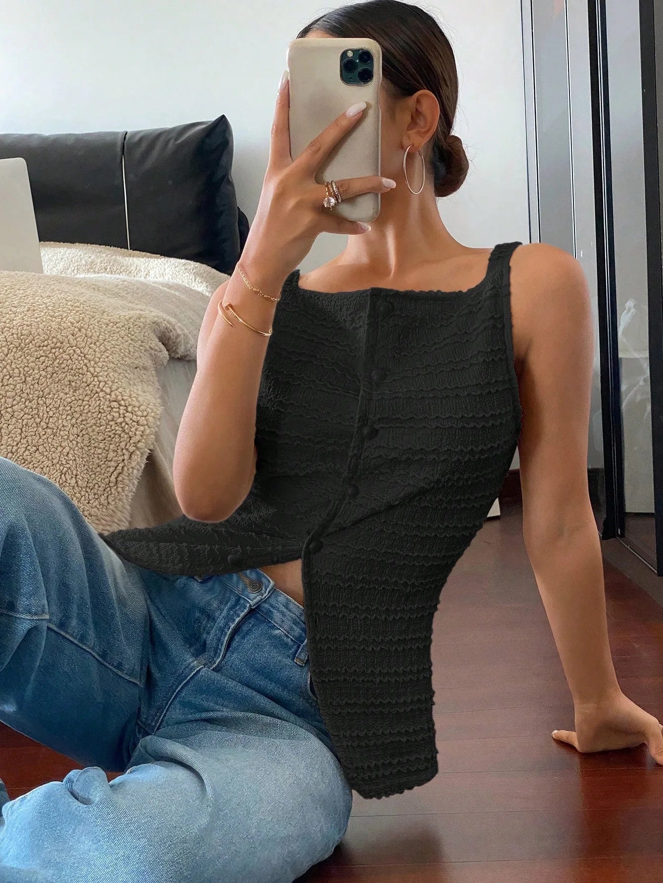 Sculpted Noir Textured Button Top