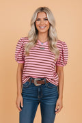 Sunset Stripe Puff‑Sleeve Top