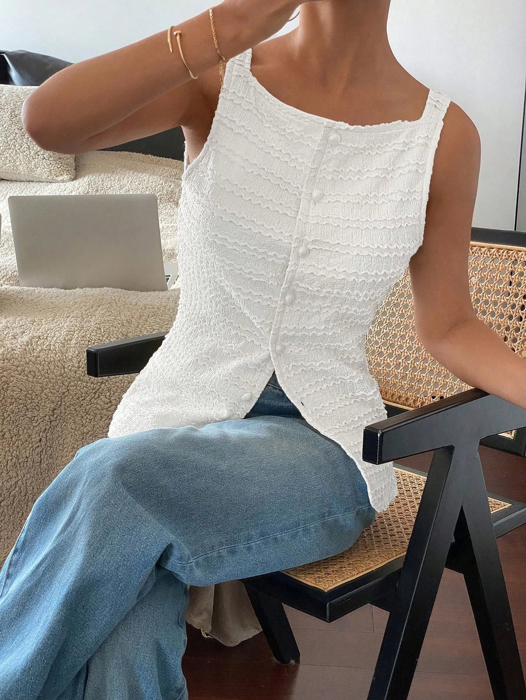 Sculpted Noir Textured Button Top