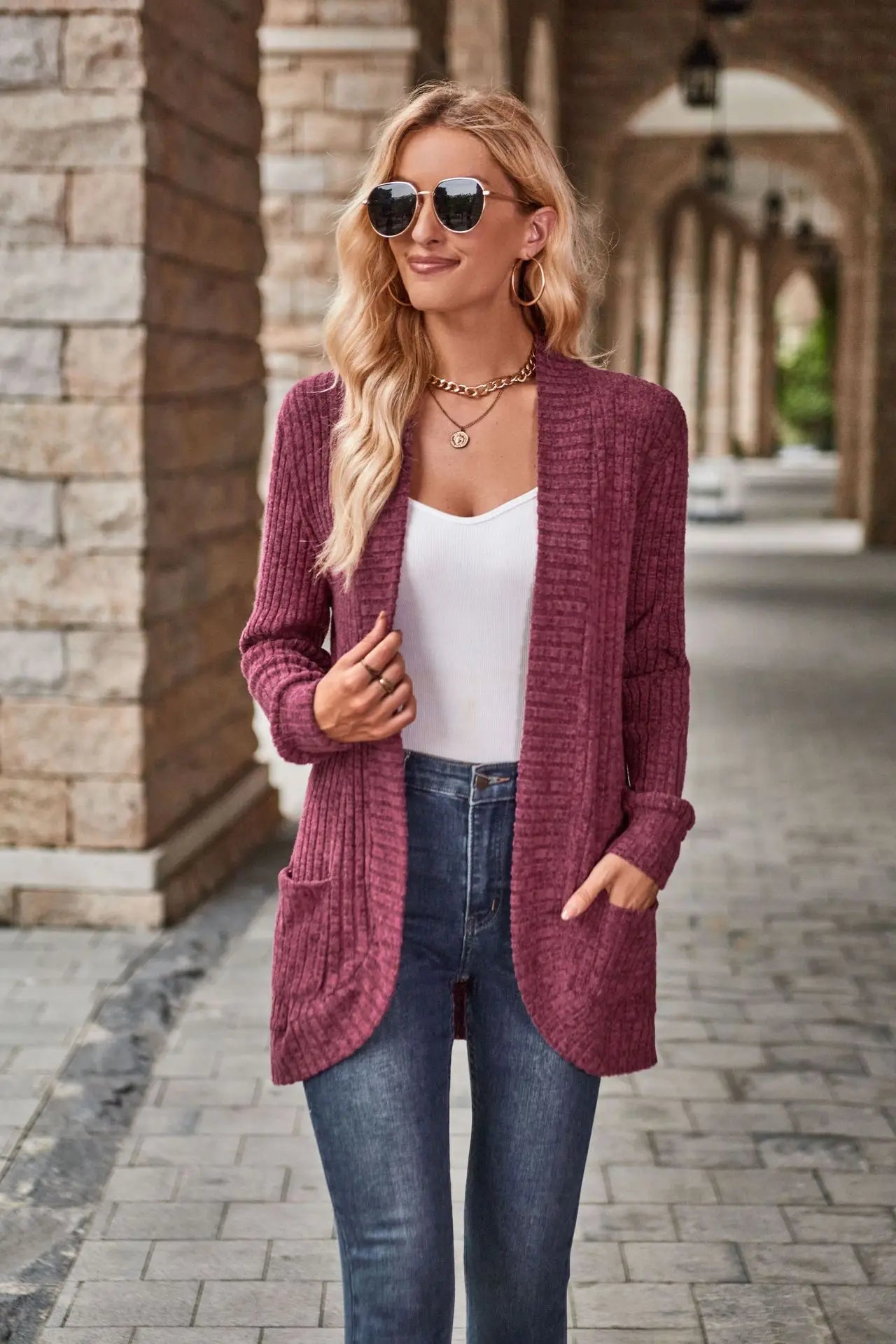 Ribbed Open‑Front Knit Cardigan