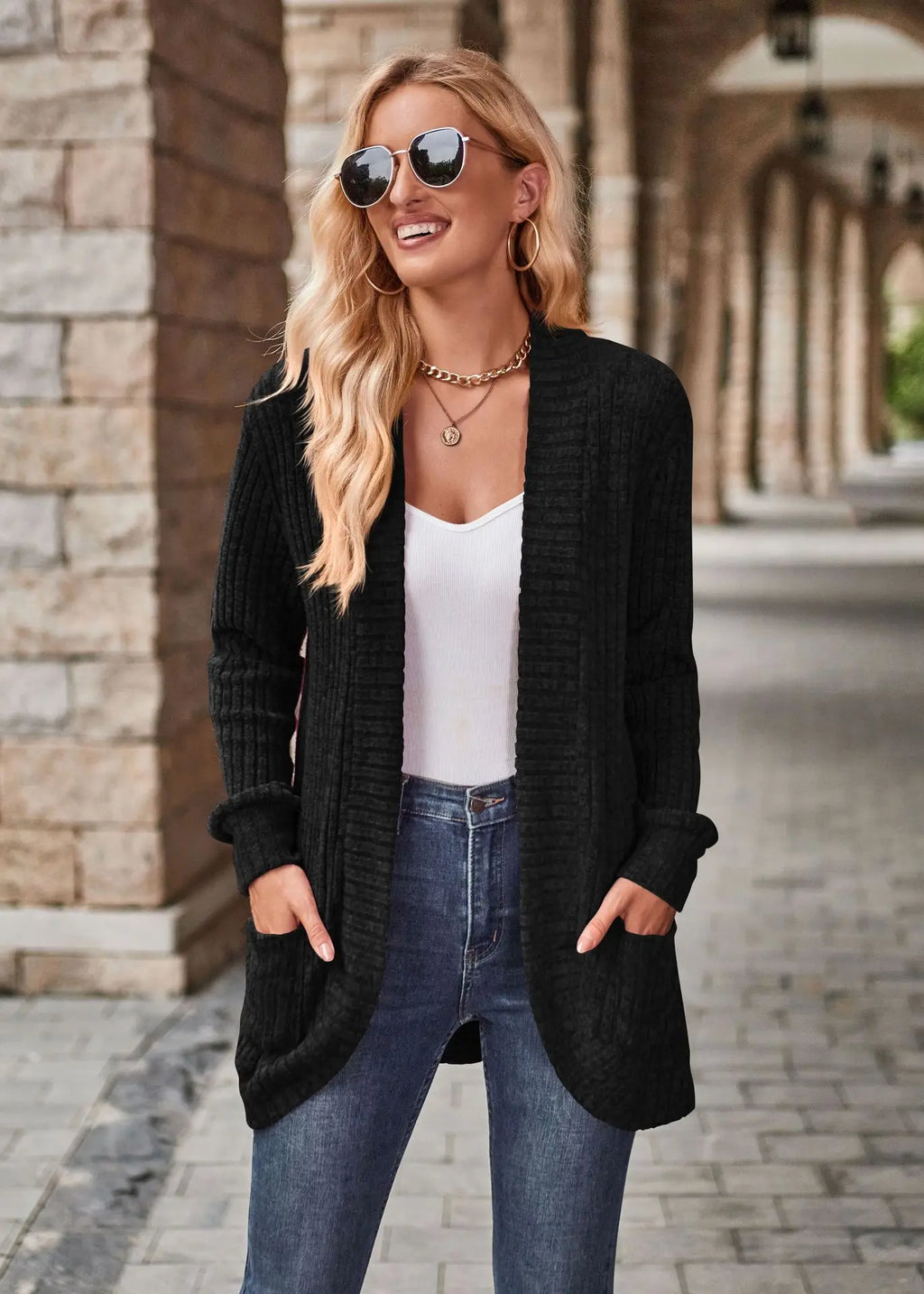Ribbed Open‑Front Knit Cardigan