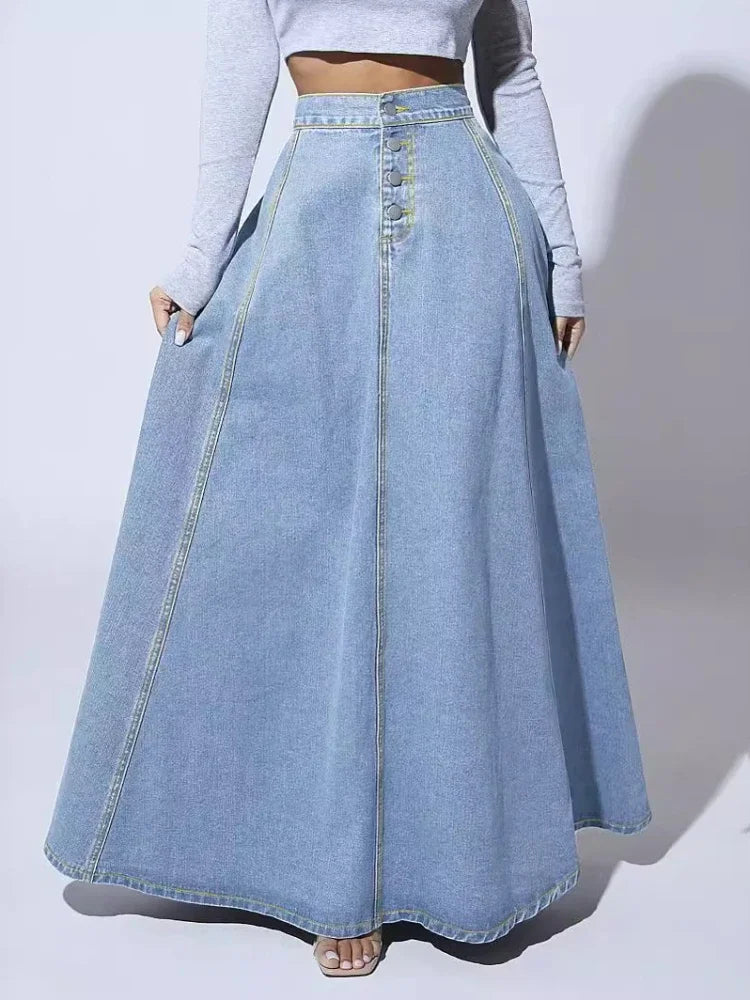 Skyline Button‑Front Denim Maxi