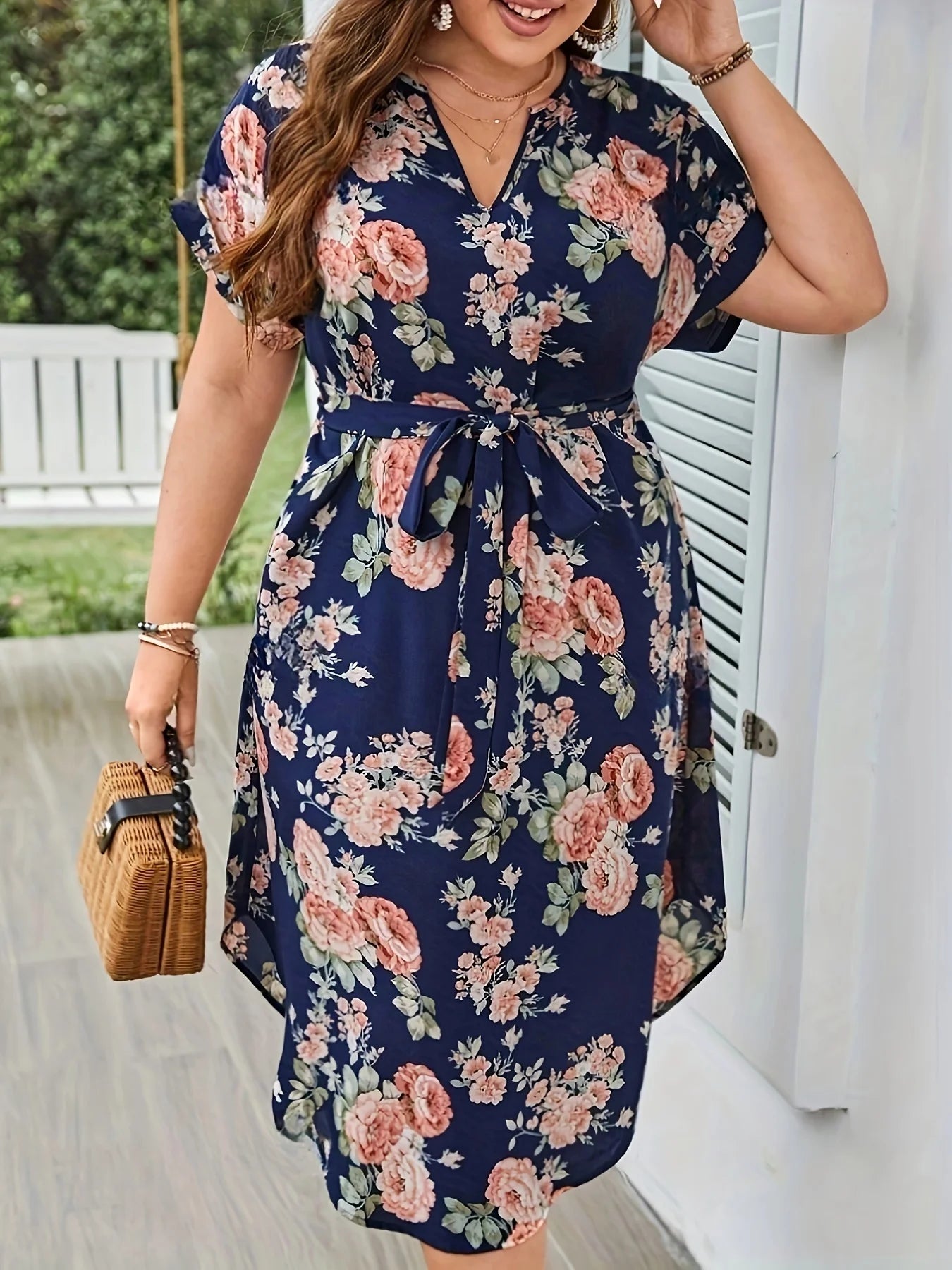 Midnight Bloom Tie‑Waist Dress