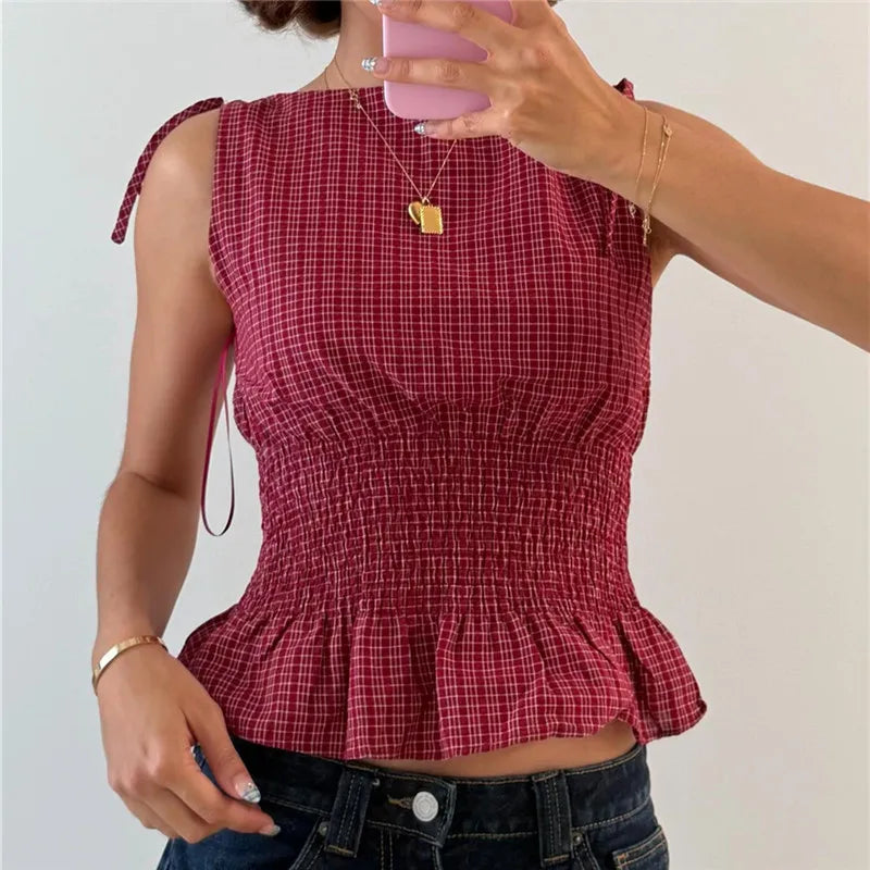 Sweetheart Gingham Tie‑Strap Top