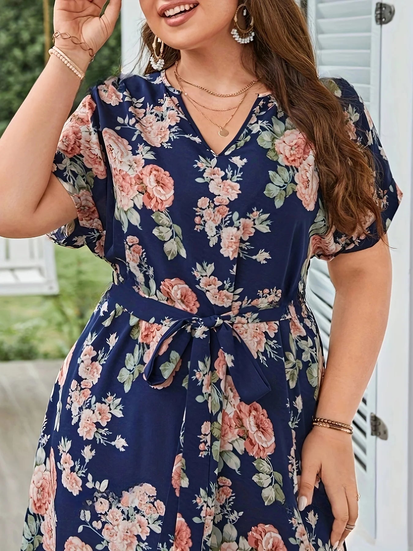 Midnight Bloom Tie‑Waist Dress