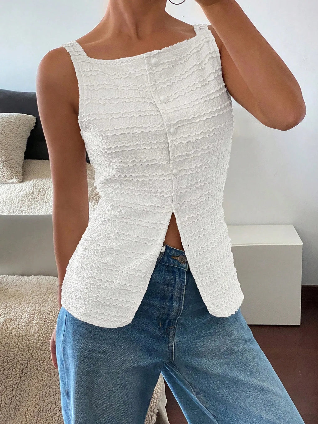 Sculpted Noir Textured Button Top