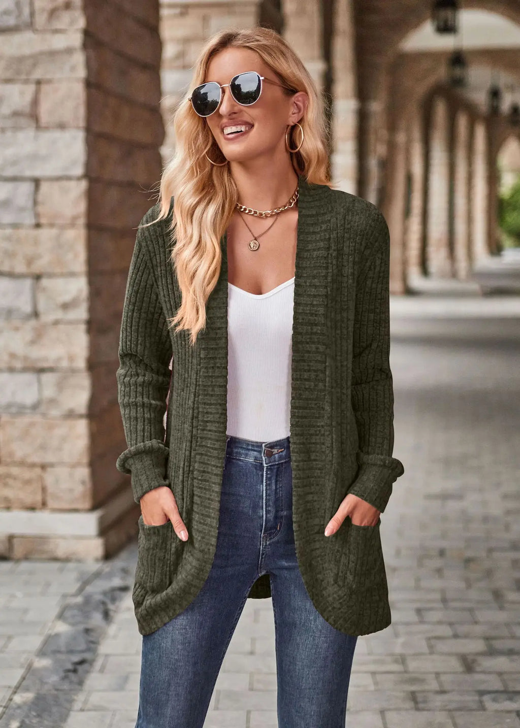 Ribbed Open‑Front Knit Cardigan
