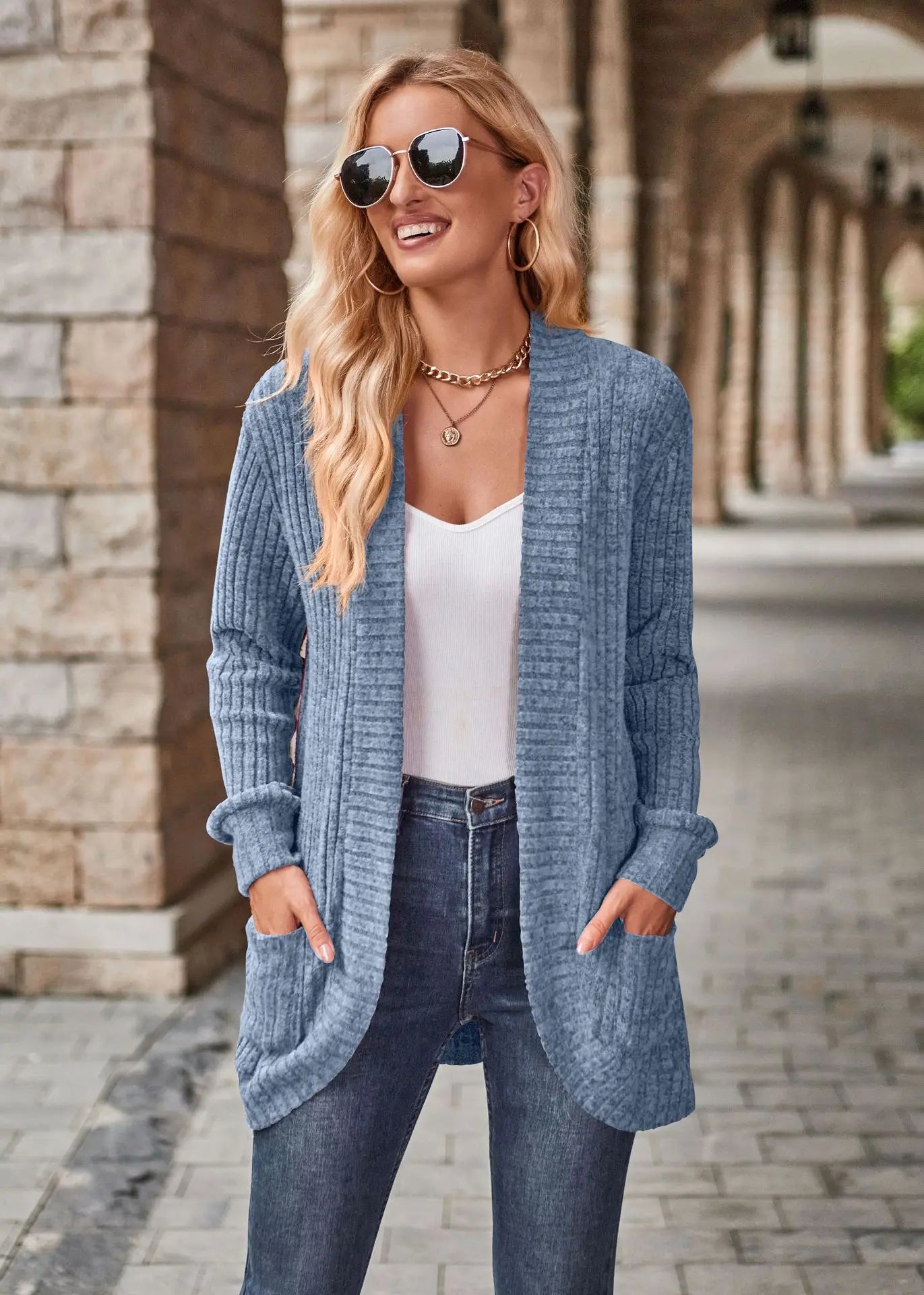 Ribbed Open‑Front Knit Cardigan