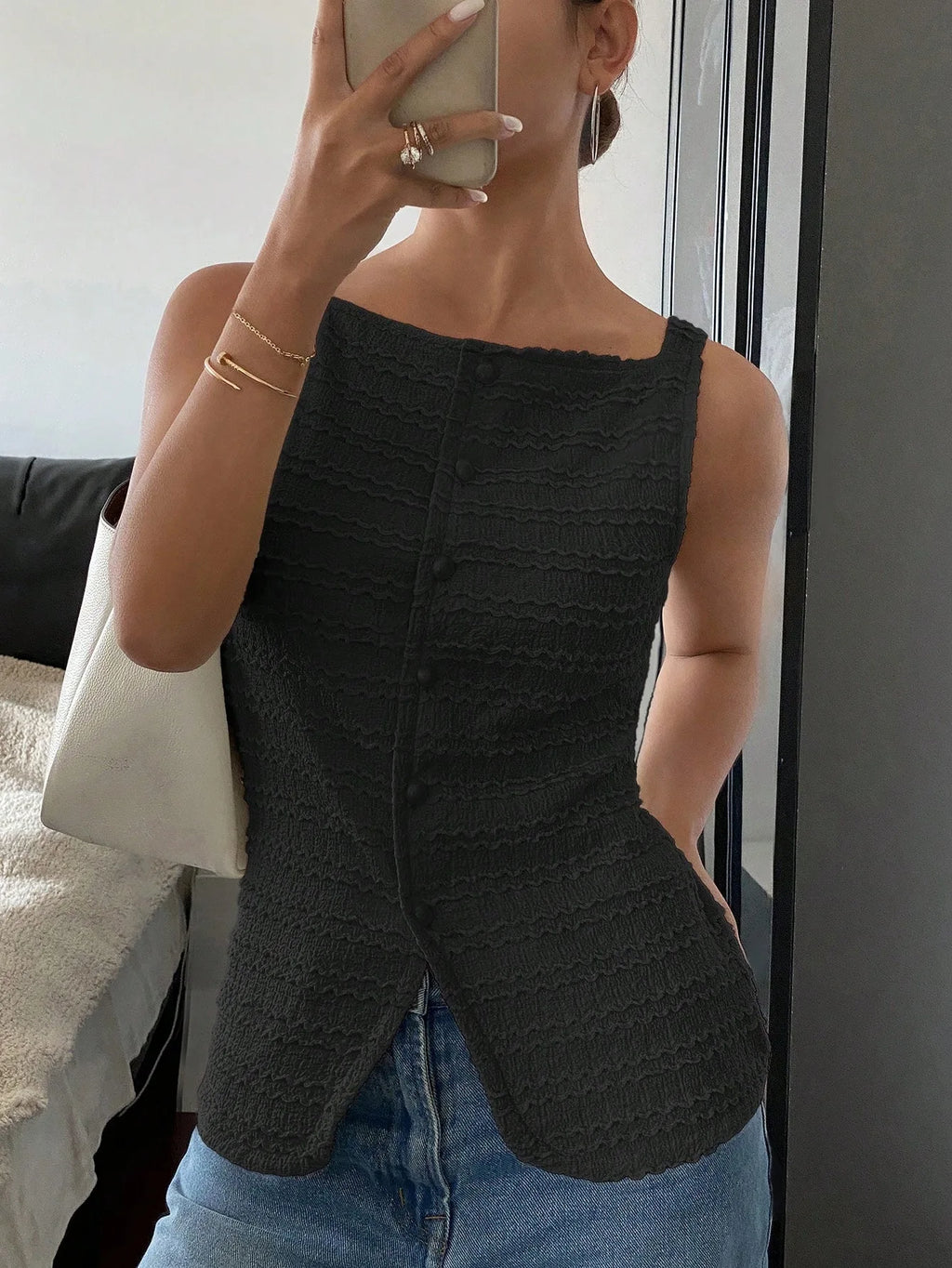 Sculpted Noir Textured Button Top