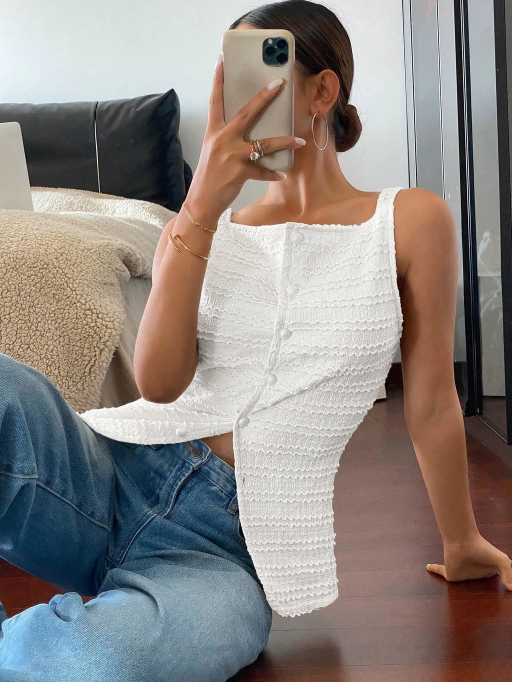 Sculpted Noir Textured Button Top