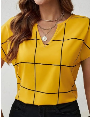 Gridline Notched‑Neck Blouse