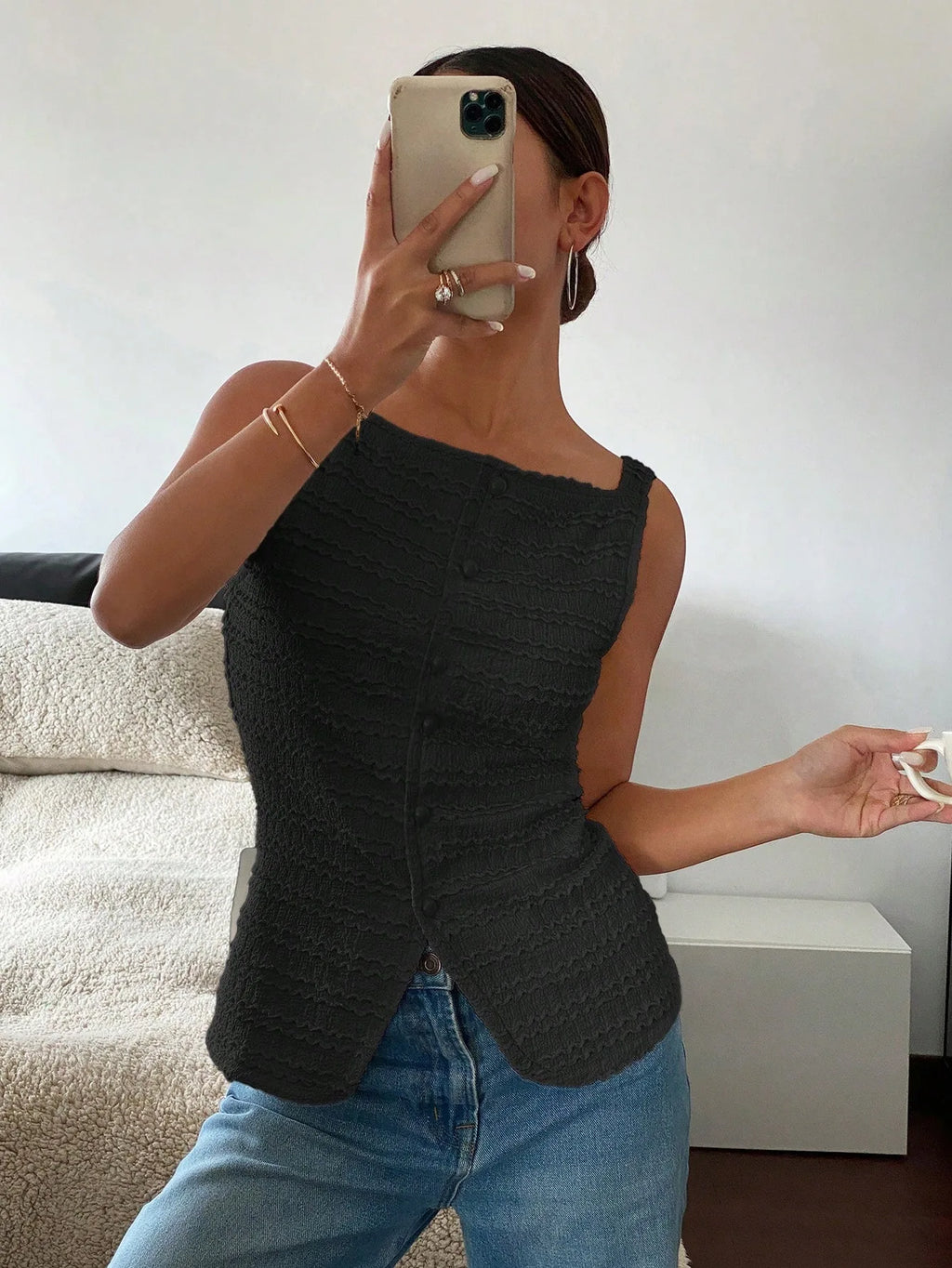 Sculpted Noir Textured Button Top