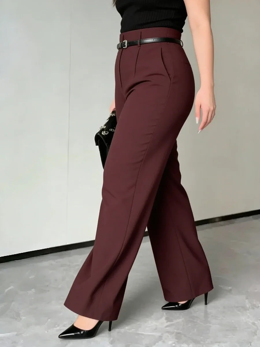 Burgundy Power‑Pleat Wide Leg Pants