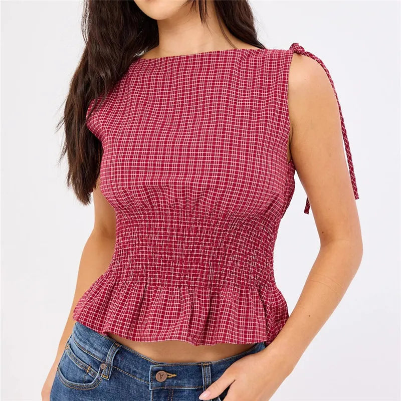 Sweetheart Gingham Tie‑Strap Top