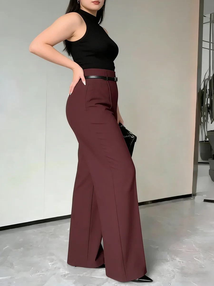 Burgundy Power‑Pleat Wide Leg Pants