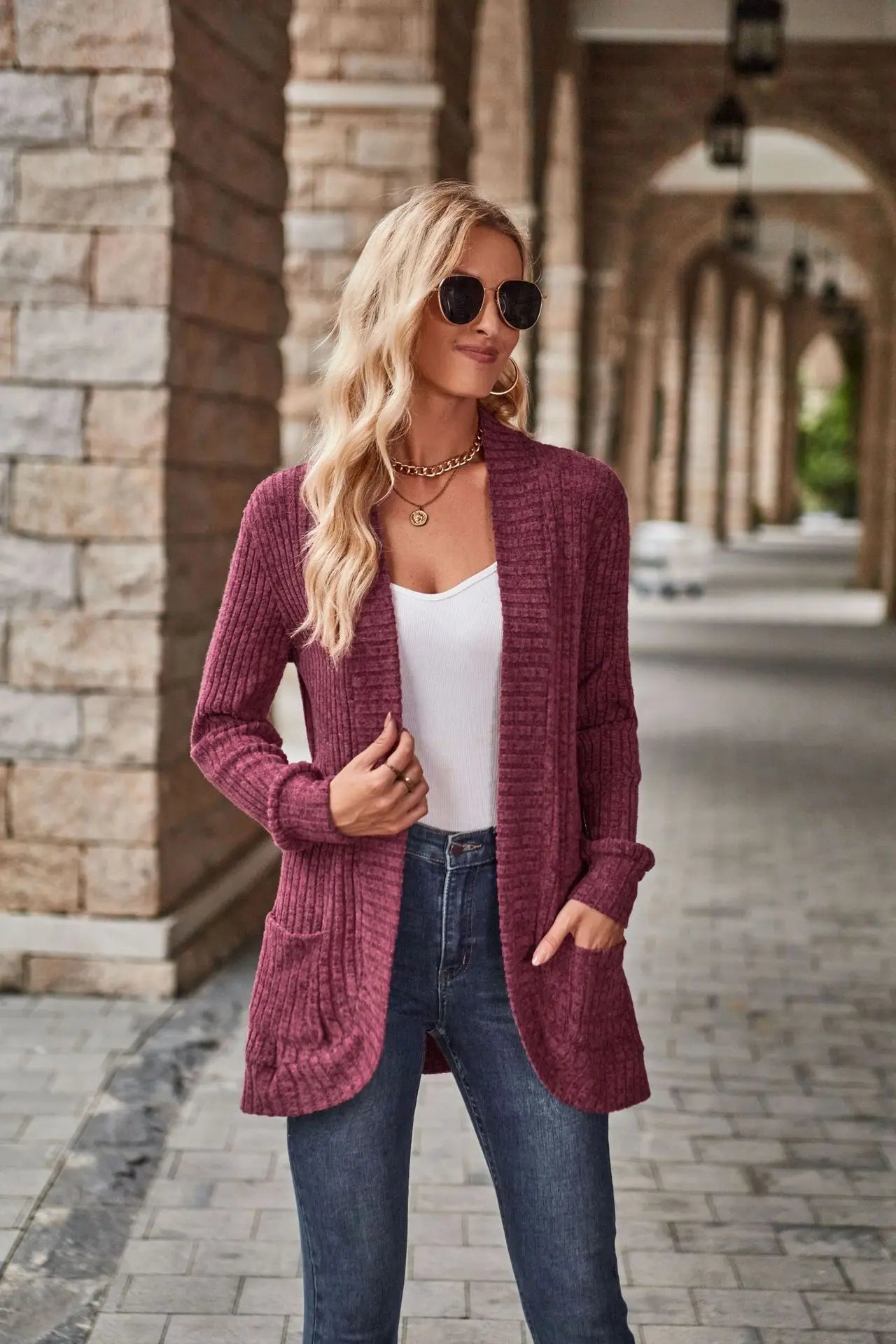 Ribbed Open‑Front Knit Cardigan
