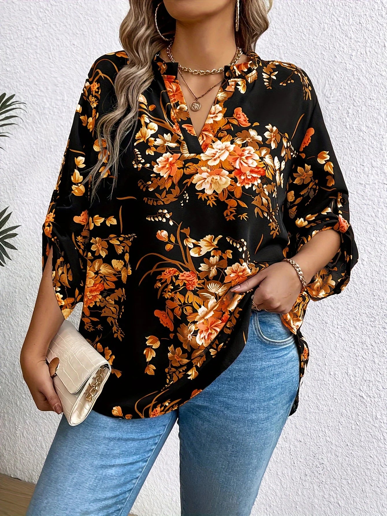 Geometric Print Roll‑Tab Blouse