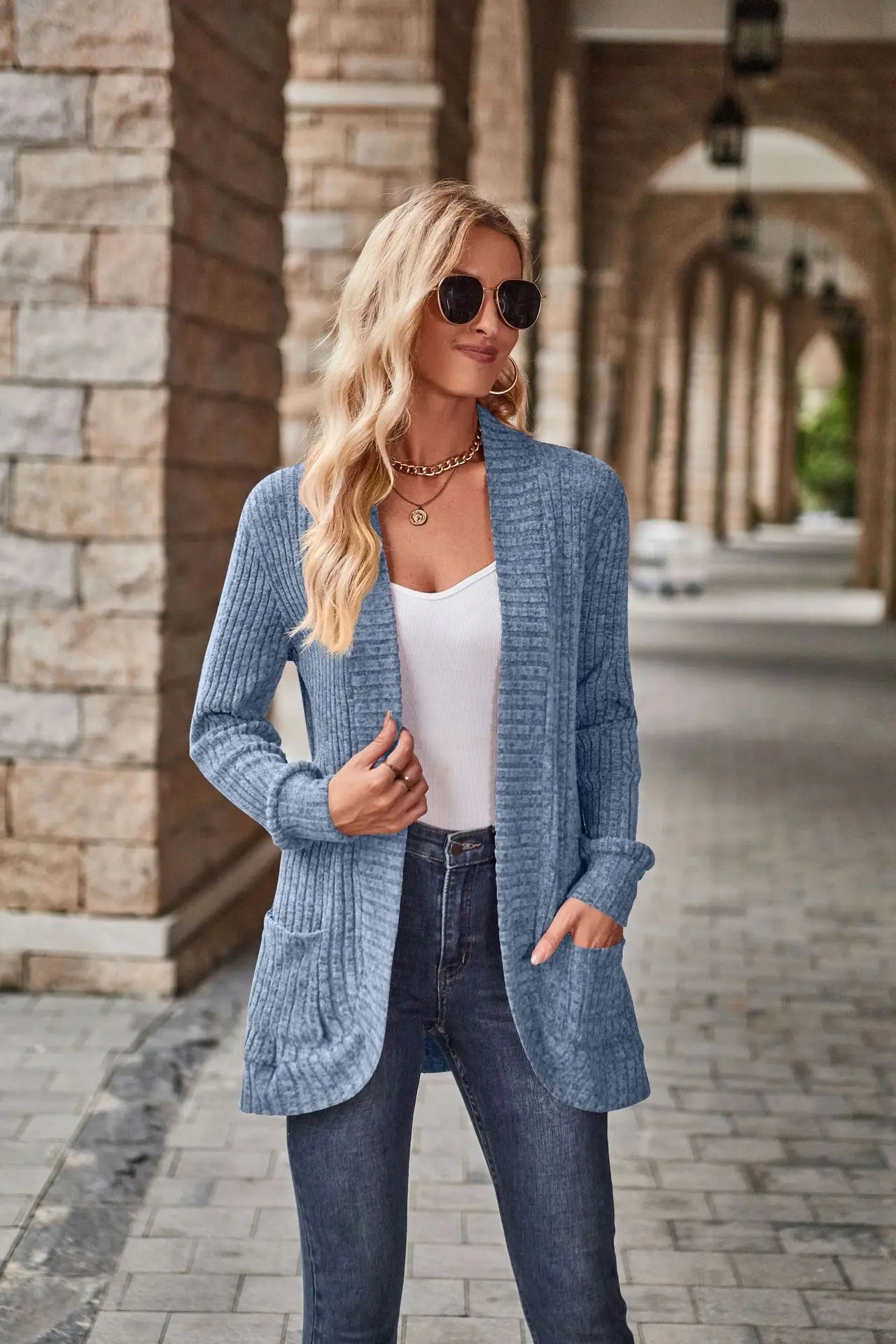 Ribbed Open‑Front Knit Cardigan