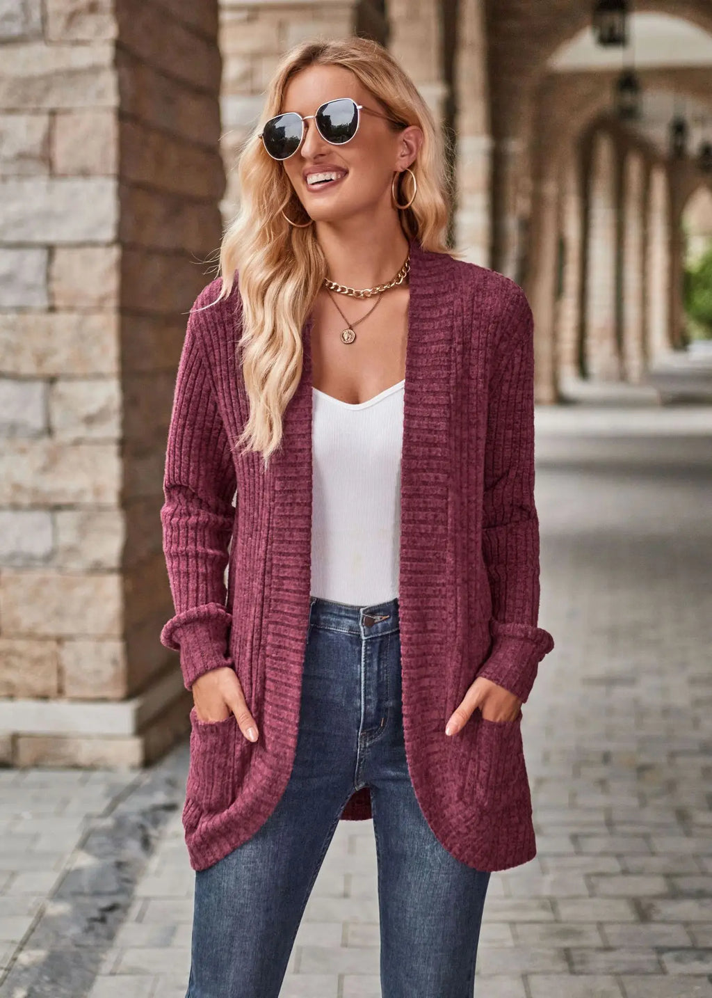 Ribbed Open‑Front Knit Cardigan