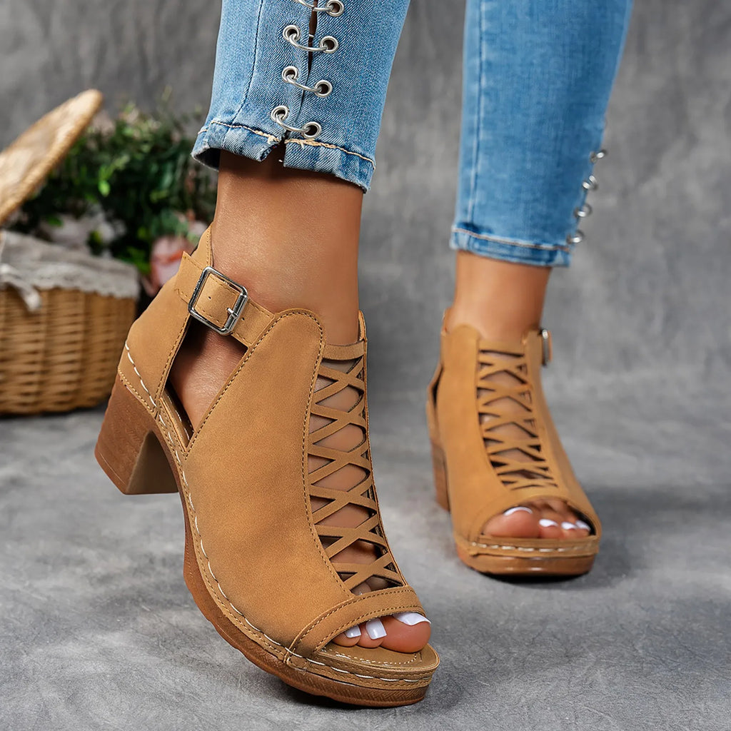 Elegant Cross‑Bundle Chunky Heel Sandals