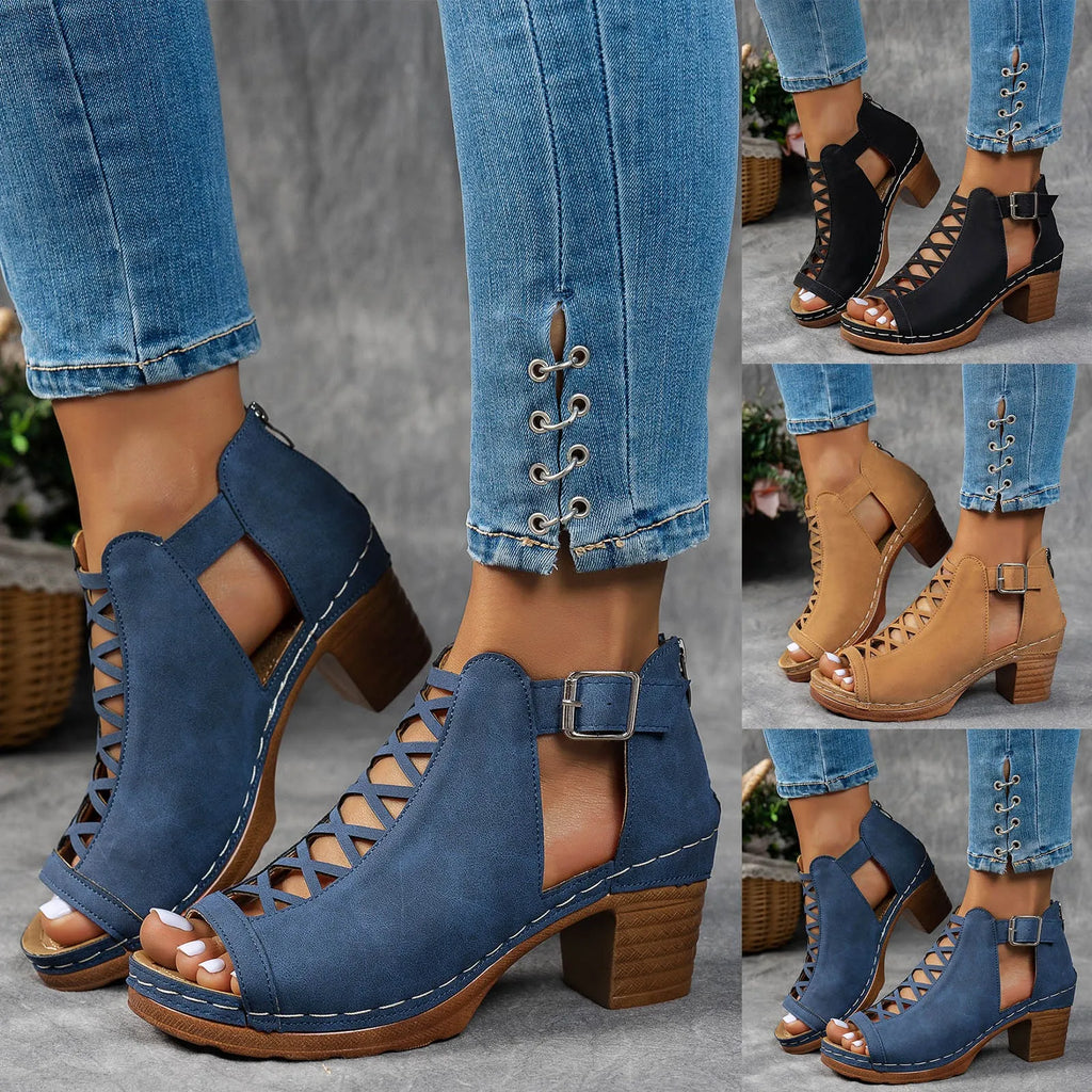 Elegant Cross‑Bundle Chunky Heel Sandals