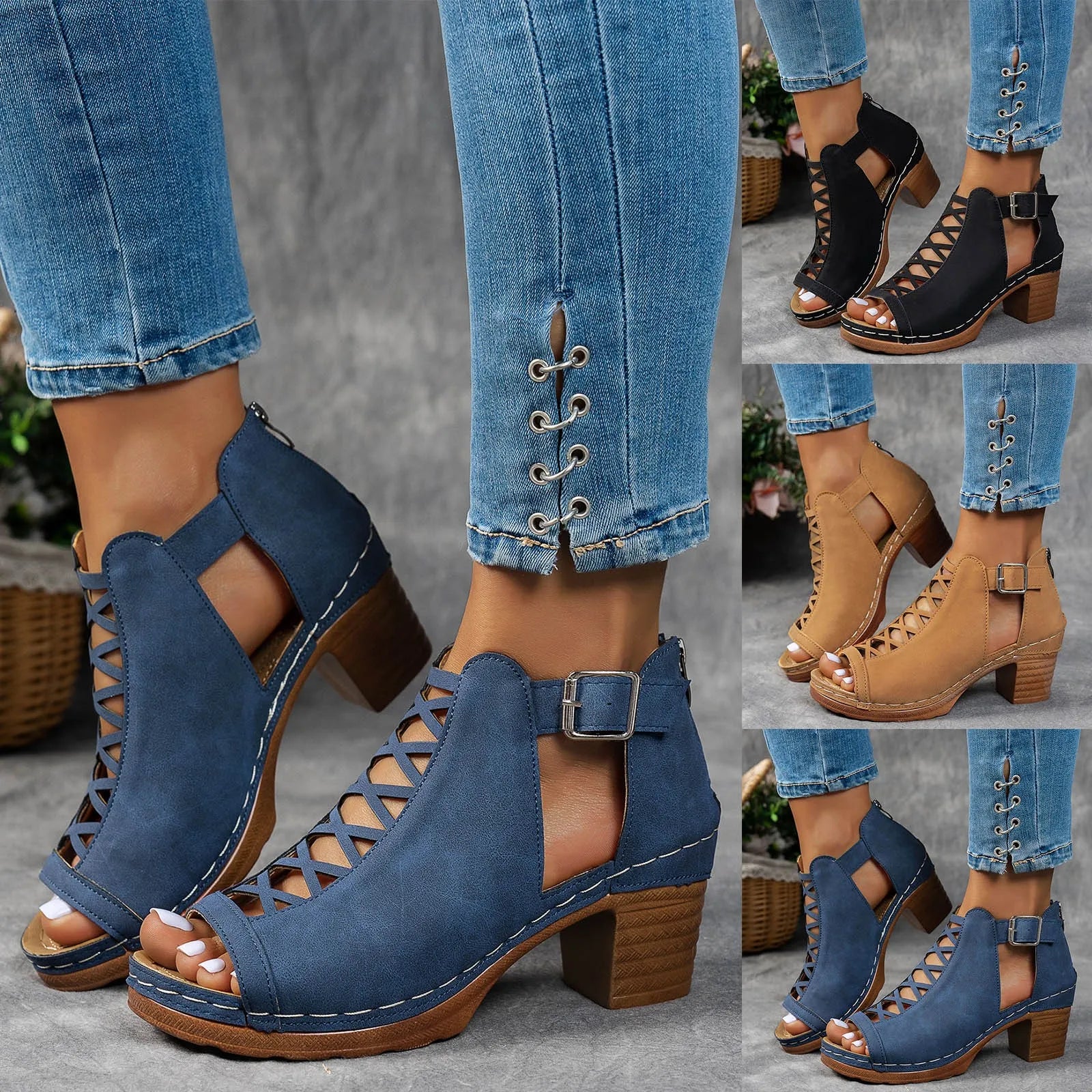 Elegant Cross‑Bundle Chunky Heel Sandals