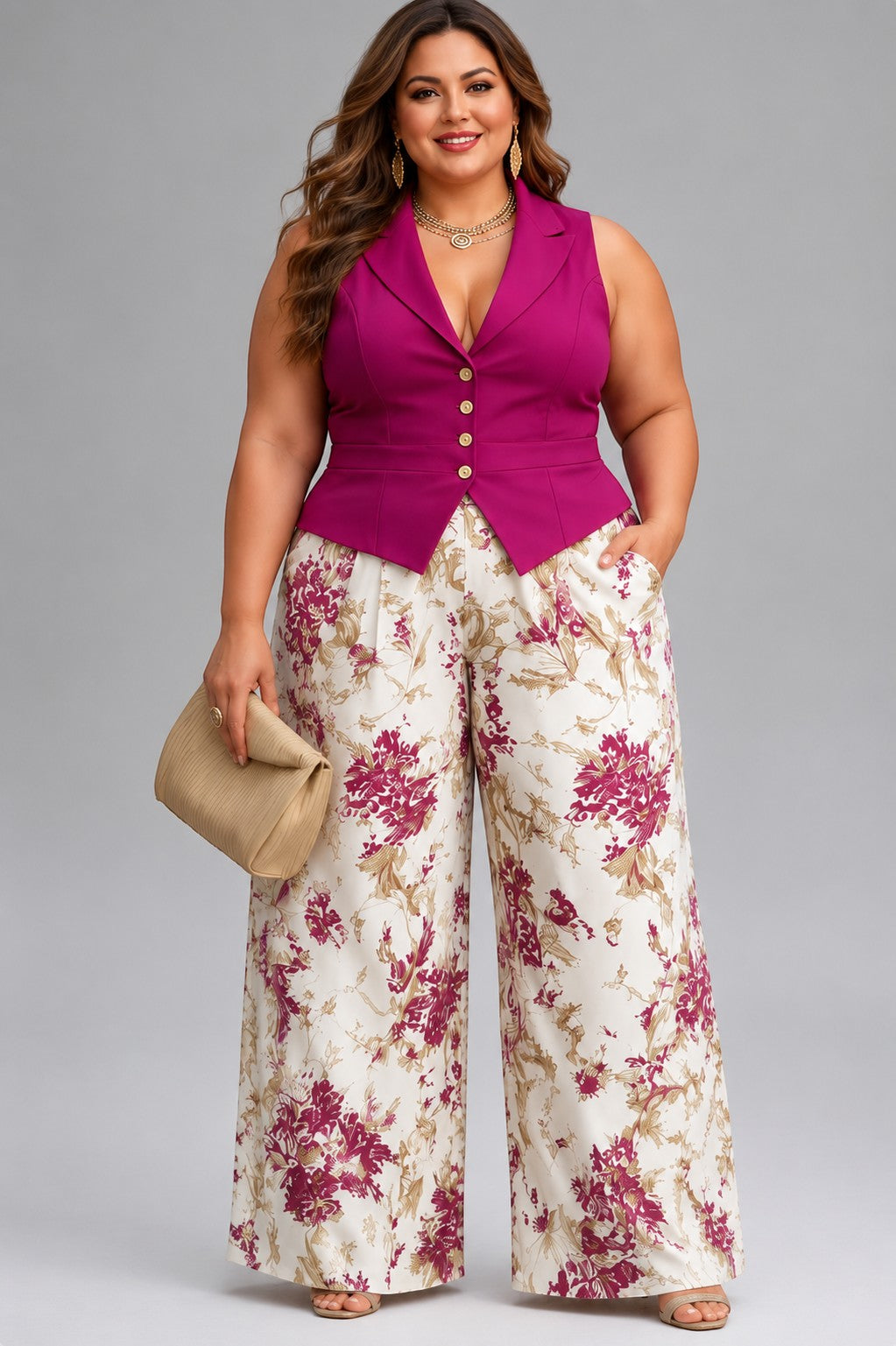 Model wearing a Fearless Brands magenta vest and cream floral wide-leg trousers with a beige clutch