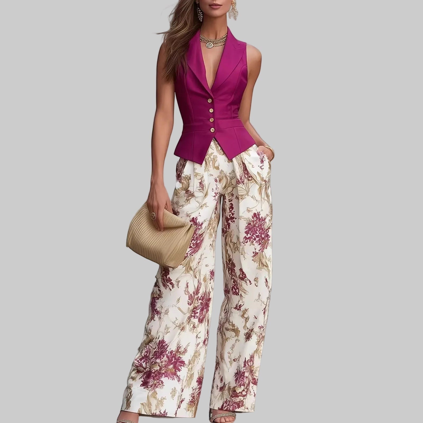 Fearless Brands magenta sleeveless vest paired with high-waisted floral wide-leg trousers for a chic ensemble.